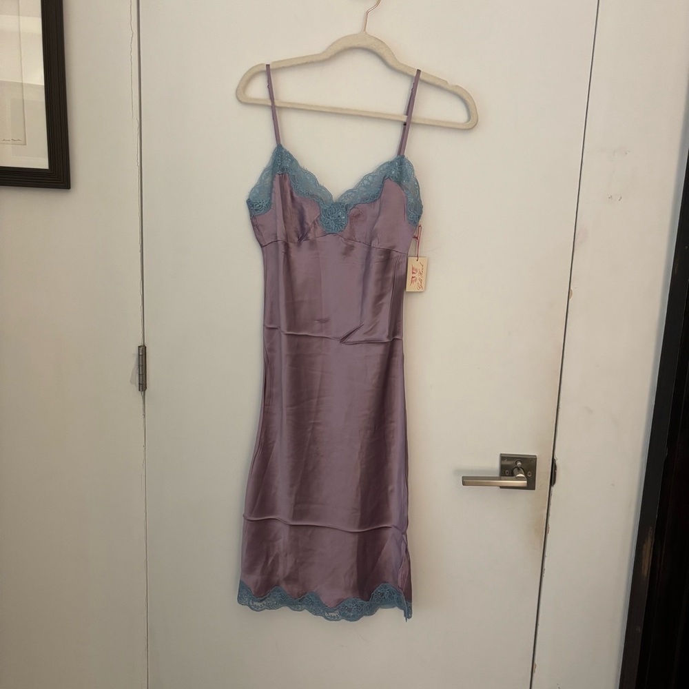 NWT Vintage Y2K Gold Hawk 100% Silk Midi Dress S Sleeveless Slip Lace Lavender